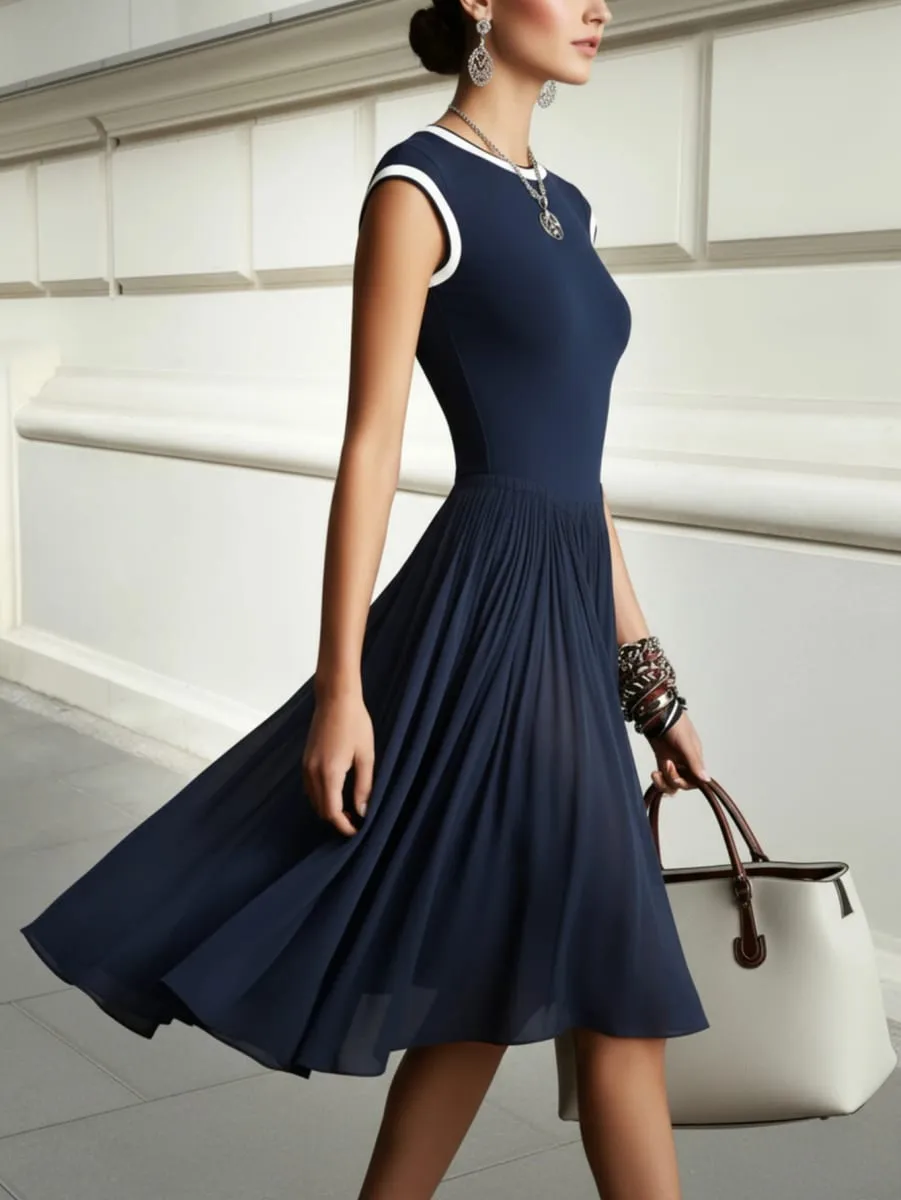 Women Contrast Trim Round Neck Cap Sleeve Fit And Flare Midi Dress Elegant Daily Commute Casual Swing Dress — image 3