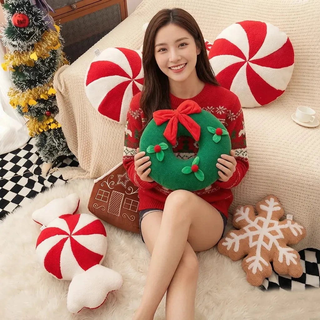 Christmas Day Plush Decor Pillow Stuffed Wreath Snowflake White Red Round Candy Soft Seat Cushion Party Prop Decor Gift — image 2