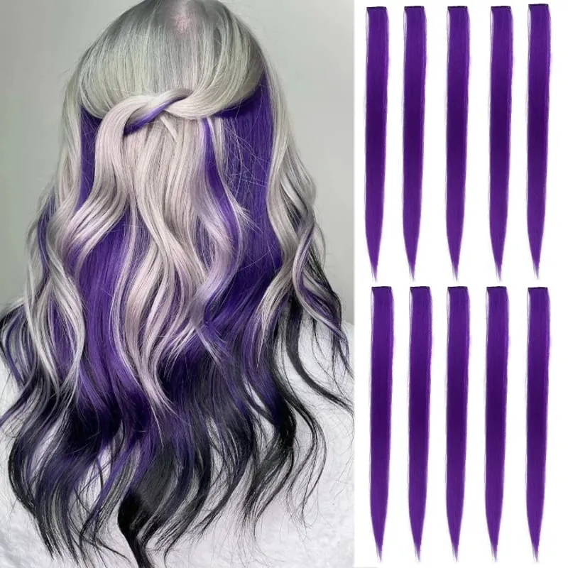 10PCS Hair Extensions Clip in -24 inch Colorful Hair Extensions Party Highlights Long Straight Synthetic Wigs Suitable for Girl — image 9