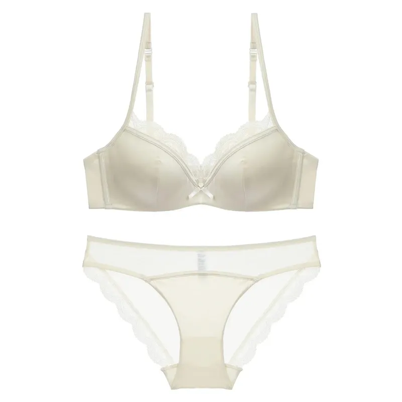 Women's Thin Smooth Satin Bra & Briefs Set Summer Solid Lace Decor Anti Sagging Lingerie Bra Sweet Underwear Suit Нижнее Белье — image 8