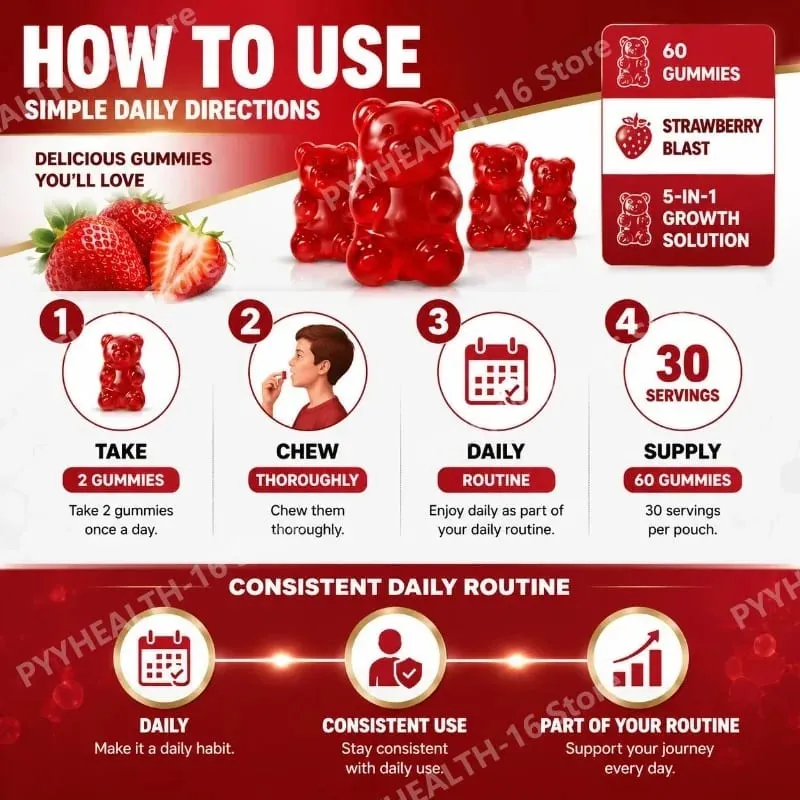 Googeer 5-IN-1 Growth Solution Gummies for Bone Development & Height Support Vitamin D3 K2 Calcium Strawberry Blast 60 Gummies