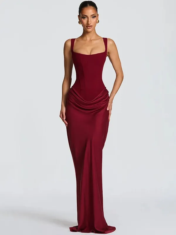 Mozision Backless Ruched Sexy Maxi Dress Women Elegant Square Collar Tapered Straps Sleeveless Bodycon Club Party Long Dress — image 7
