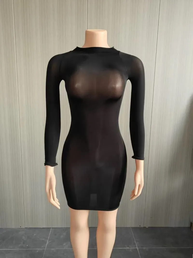 Oil Shiny Seamless Body Stockings Bodycon Mini Dress Women See Through O Neck Long Sleeve High Stretch Silky Glossy Clubwear — image 4