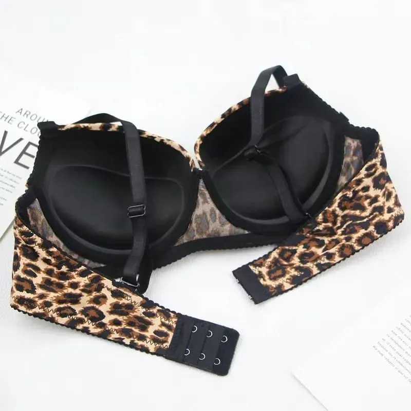 Sexy Thick Lingerie Set Leopard Print Upper Thin Lower Thick Bra Set Sexy Push-Up Bra Set