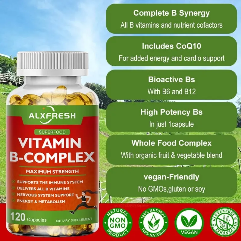 Alxfresh Vitamine B-complex met vitamine C - Immuungezondheid Energieondersteuning en ondersteuning van het zenuwstelsel - Vegetarische capsule zonder GMO — image 3