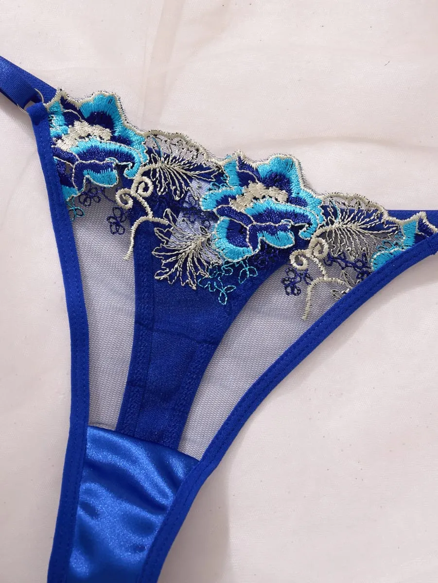 Royal Blue Floral Embroidery Satin Mesh Lingerie Set Underwire Bra With Matching Thong Women Sexy Intimates ZA825146 — image 5