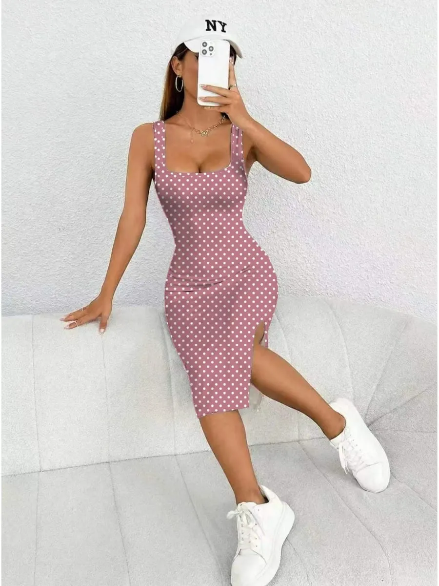 Women's Casual Elegant Thick Strap Square Neck Sleeveless Polka Dot Printed Slit Dress Mid-Length Skirt — image 3