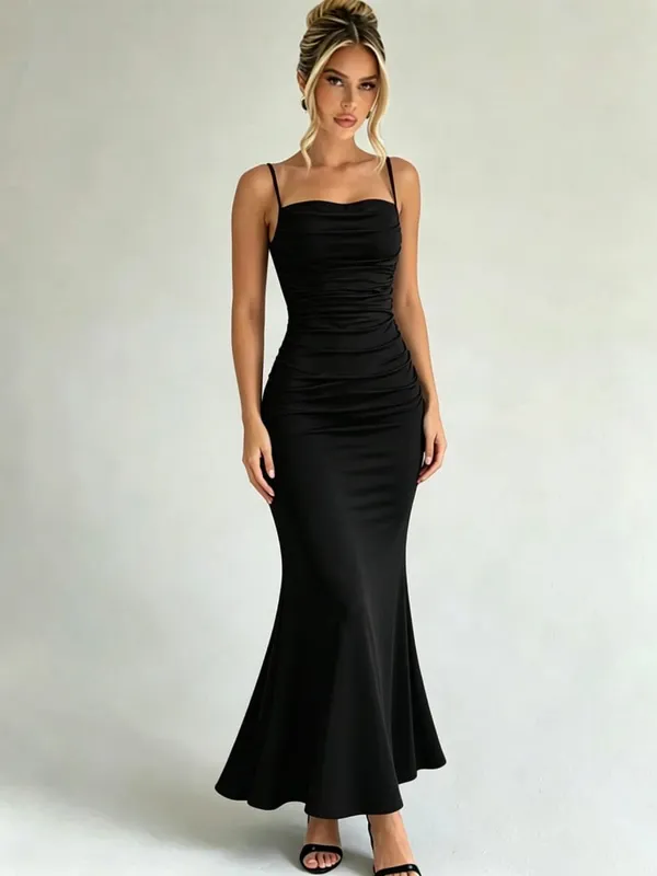 Women Spaghetti Strap Ruched Mermaid Maxi Dress Square Neck Bodycon Elegant Evening Party Long Dress
