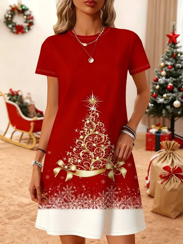Women'S Christmas Tree Print Dress Red Golden Holiday Party Outfit All-Season Elegant Long Dress for Xmas New Year'S Eve Xmas