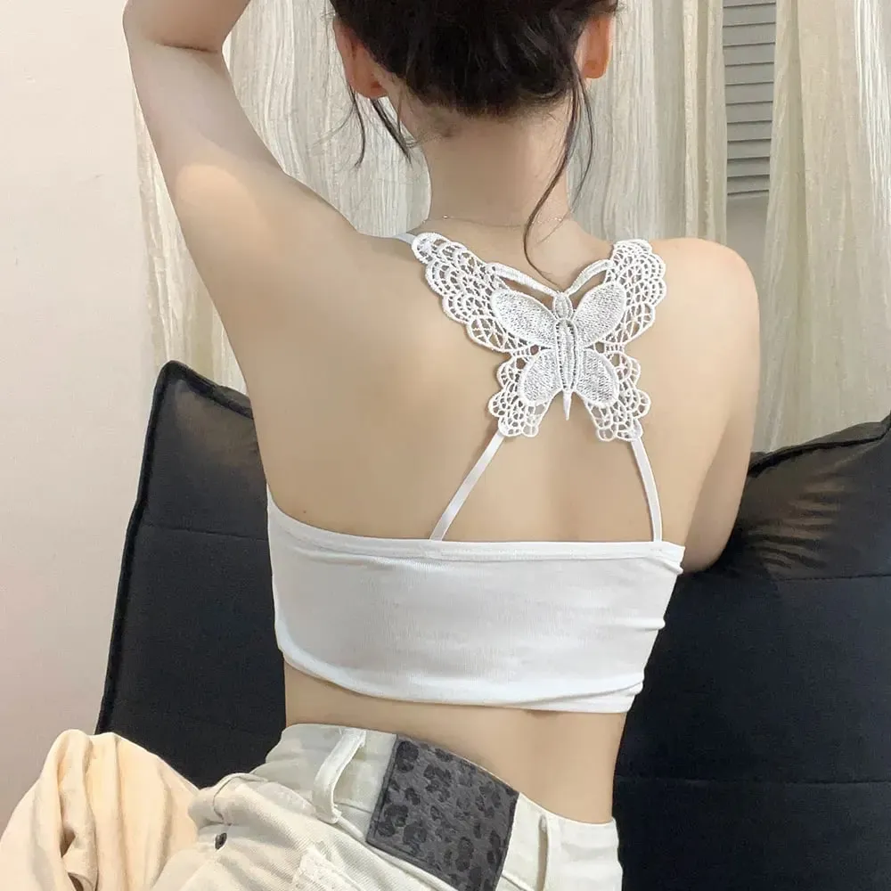 Flattering Slim Crop Top Women Lace Butterfly Back Cami Top Padded Built Bra Spaghetti Strap Sleeveless Tank Inner Underwear — image 7