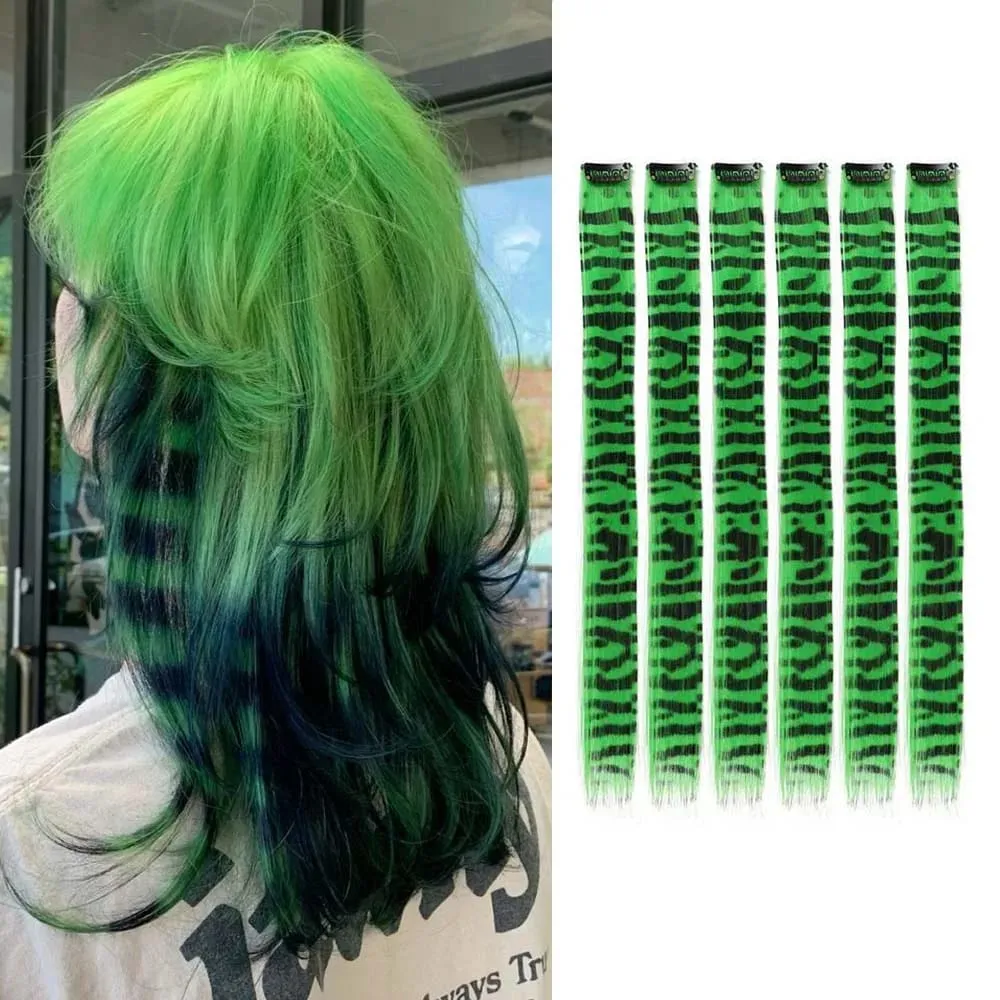 6pcs/set Stripe Printed Hair Colorful Long Straight Hair Piece Synthetic Clip-in Hair Extensions Daily Party Halloween Christmas — image 8