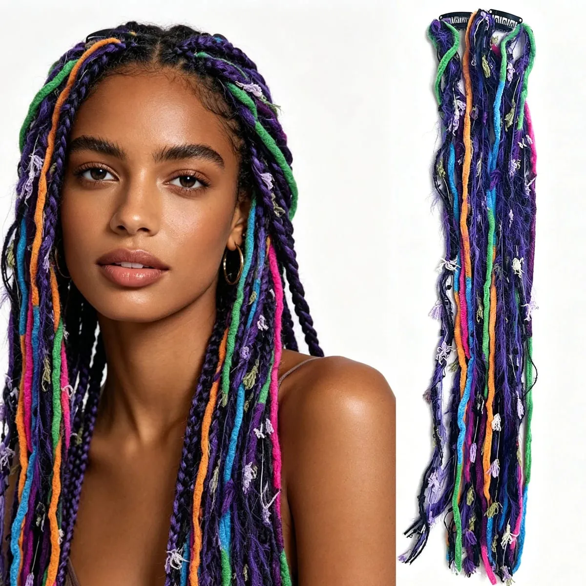 Synthetic 2Pcs Wool Yarn Dreadlock Clip Hair Extensions Maillard Long Boho Tassel Colored Vintage Braids Hair For Woman — image 8