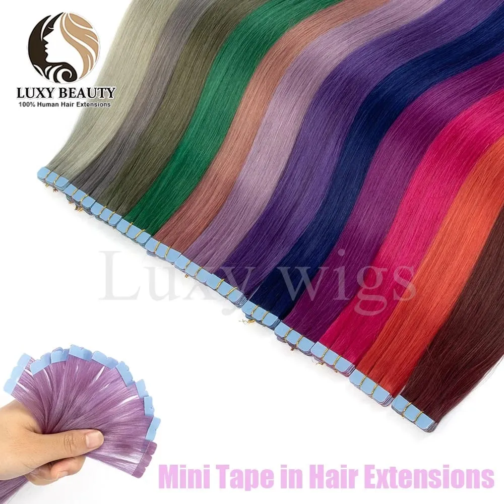 Colored Purple Mini Tape in Human Hair Extensions Invisible Seamless Tape in Hair 10pcs Pink Red Green Blue Mini Tape In Hair — image 3