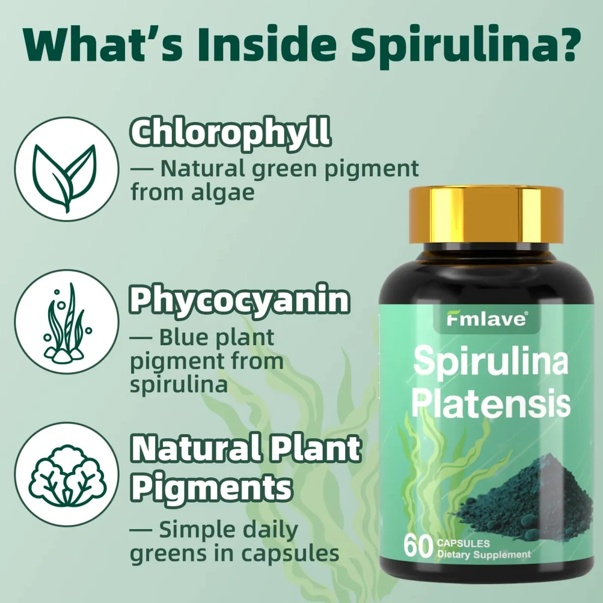 Fmlave Supplements Organic Spirulina - Protein Rich Blue Green Algae Superfood Supplement for Energy and Immune Support 60 Vegetarian Capsules