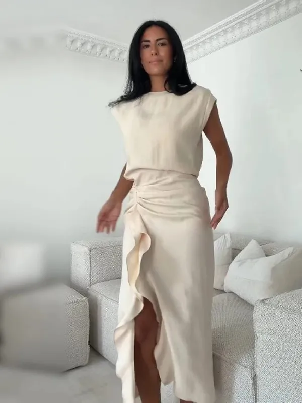 Elegant Beige Cap Sleeve Midi Dress Women Chic Round Neck Ruched Waist Ruffle High Slit Casual Gown Formal Office Party Dresses