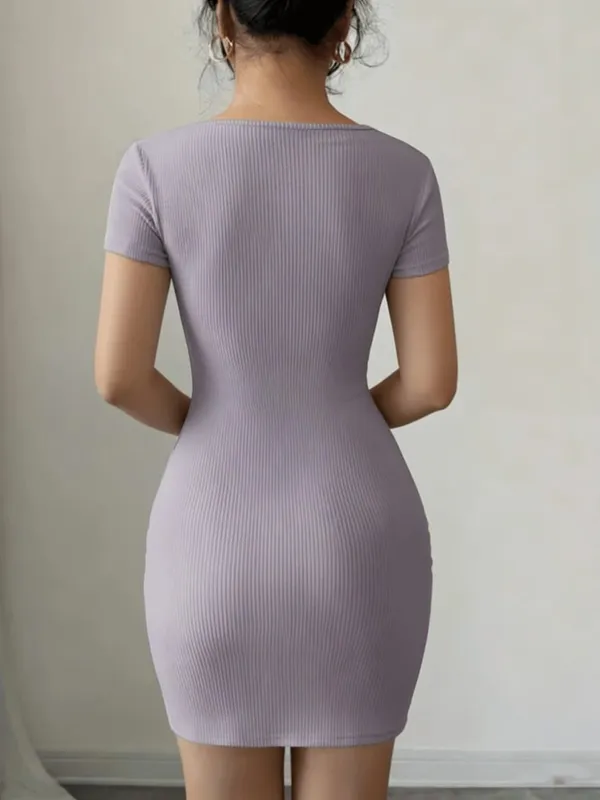 Women's Casual Elegant Comfortable Solid Color One-Neck Short-Sleeved Pleated Mini Skirt Dress — image 2