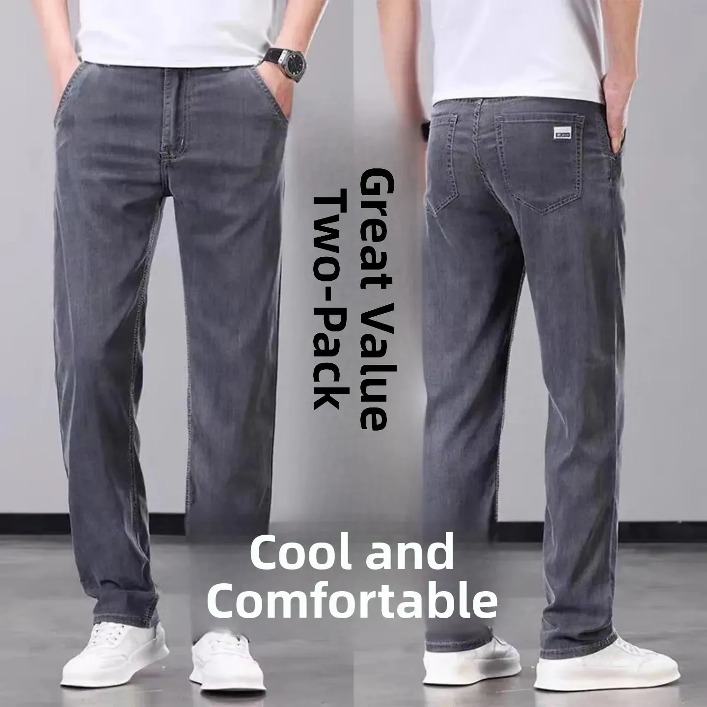 Summer Thin Wide Leg Pants Loose Fit Casual Ice Silk Jeans Men's Breathable Straight Cut Long Trousers Business Gentleman Style — image 8