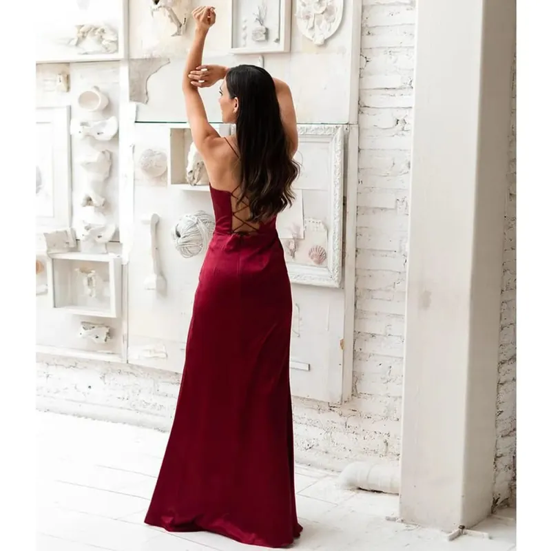 New Summer Prom Dress Women'S Sling Sleeveless Solid Color Dress One Word Neck Slim Fit Open Back Slit Red Sexy Dress — image 3