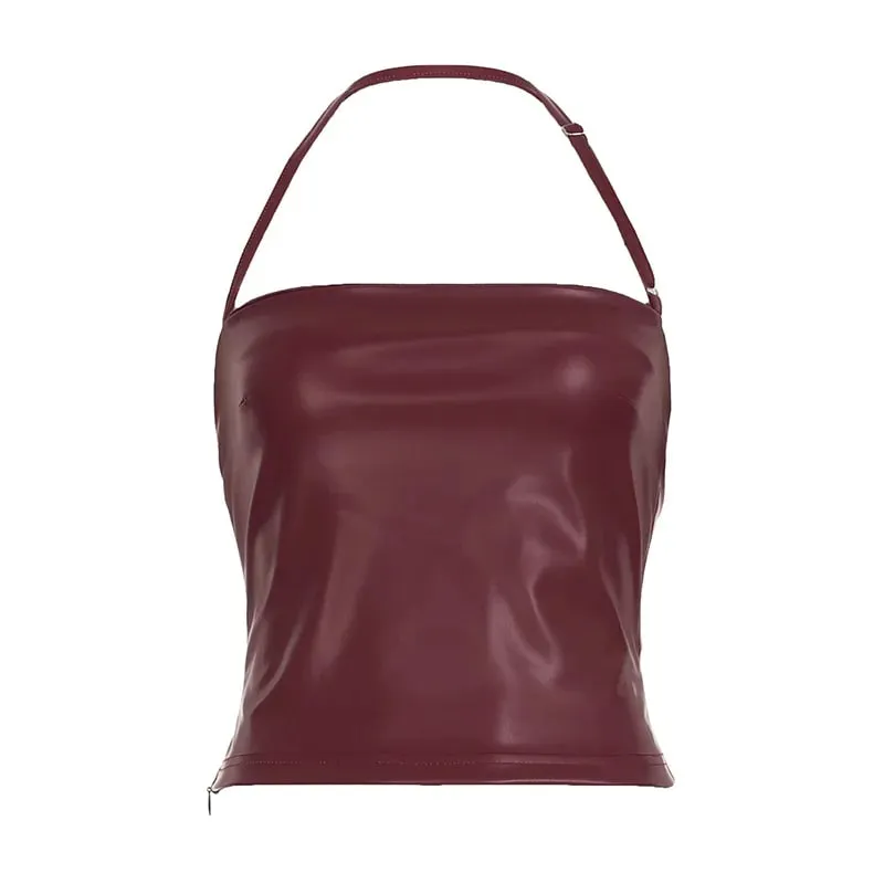 Wine Red PU Spliced One Shoulder Hanging Neck Strap Hot and Sexy Adjustable Backless Vest for External Wear