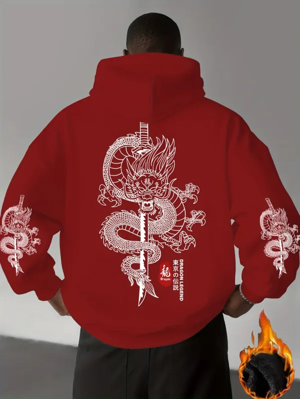 Trendy Street Fashion - Tokyo Shenlong Pattern Printed Men's Casual Sports Street Style Winter and Autumn Warm Hooded Sweatshirt — image 5