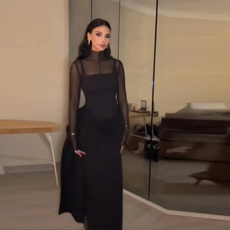 Stylish Lady Mesh See Long Sleeve Splicing Dress Elegant Evening Gown Women's 2026 New Luxury Boutique Club Party Dresses
