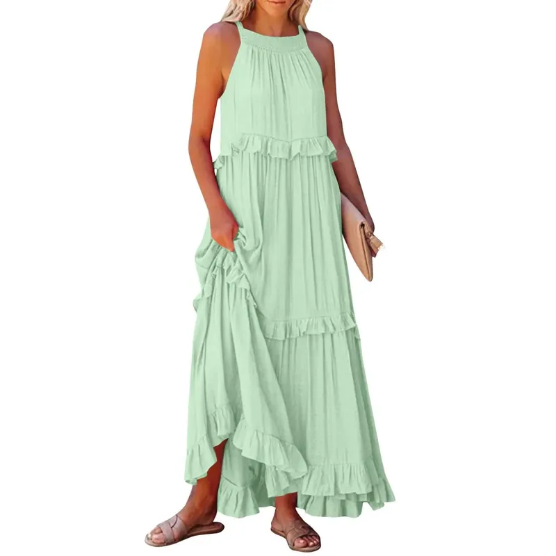 Women Casual Solid Ruffles Long Dress Summer Elegant Sleeveless Sundress Elegant Harajuku Maxi Dress Beach Party Evening Vestido — image 17