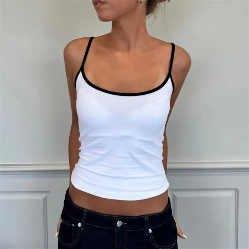 hirigin Y2K Color Block Trim Cami Top White Piping Spaghetti Strap Slim Fit Tank Solid Color Casual Streetwear Going Out Tops — image 4