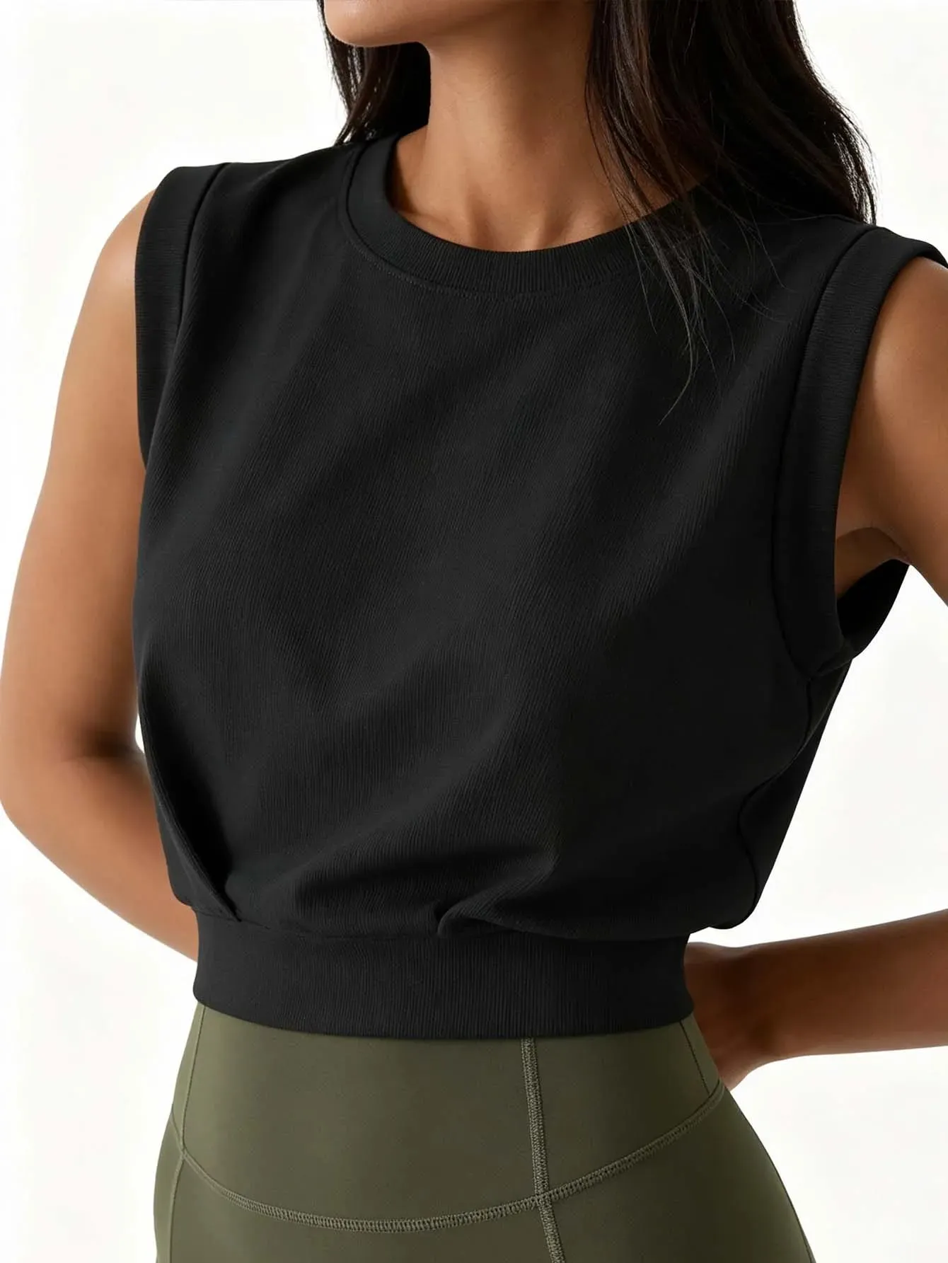 Lady's ribbed round-neck sleeveless fitted crop top solid color loose-fitting sports top casual fitness running yoga top — image 5