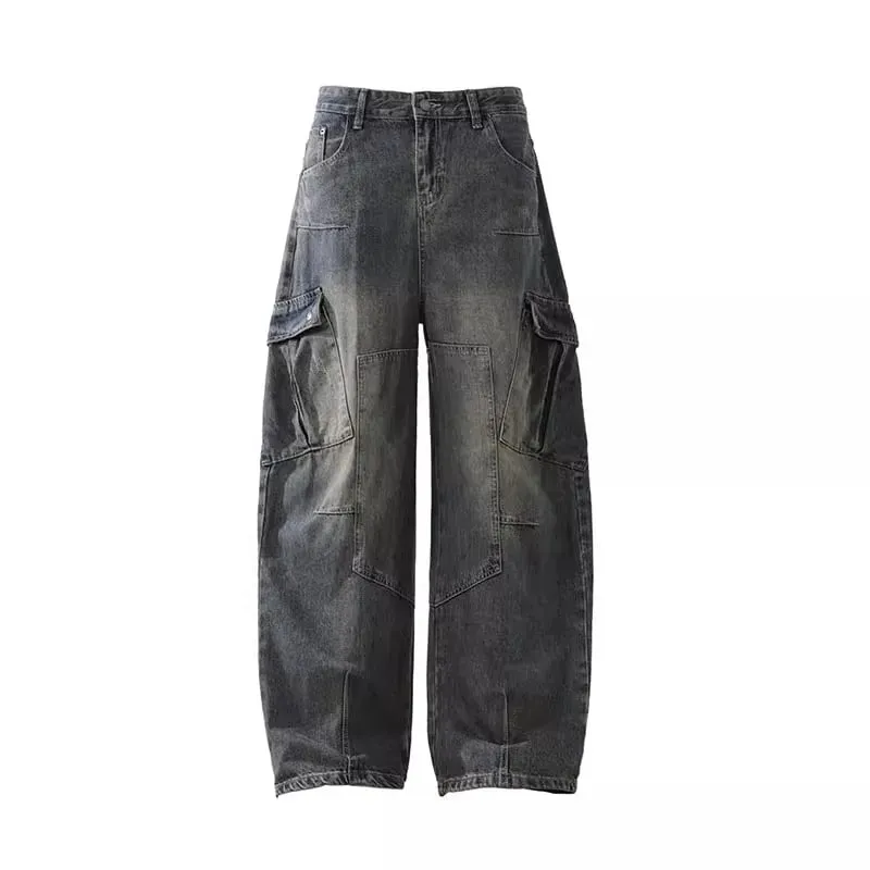 Retro Multi Pocket Curved Knife Jeans Autumn And Winter Vintage Wide Leg Workwear Pants Korean Version High Street Men'S Jeans — image 2