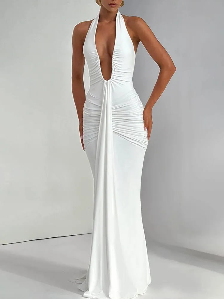 Mozision Deep V Leher Dibungkus Gaun Maxi Seksi Ruched Wanita Musim Panas Fesyen Halter Tanpa Lengan Belakang Terbuka Pesta Kelab Gaun Elegan — image 5