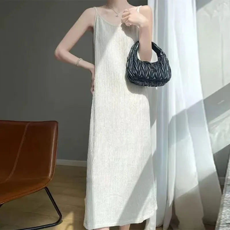 Women Spaghetti Strap Dress 2026 Summer Solid Color Loose Long Beach Sundress Lasy Elegant Sleeveless Evening Party Midi Dresses — image 2