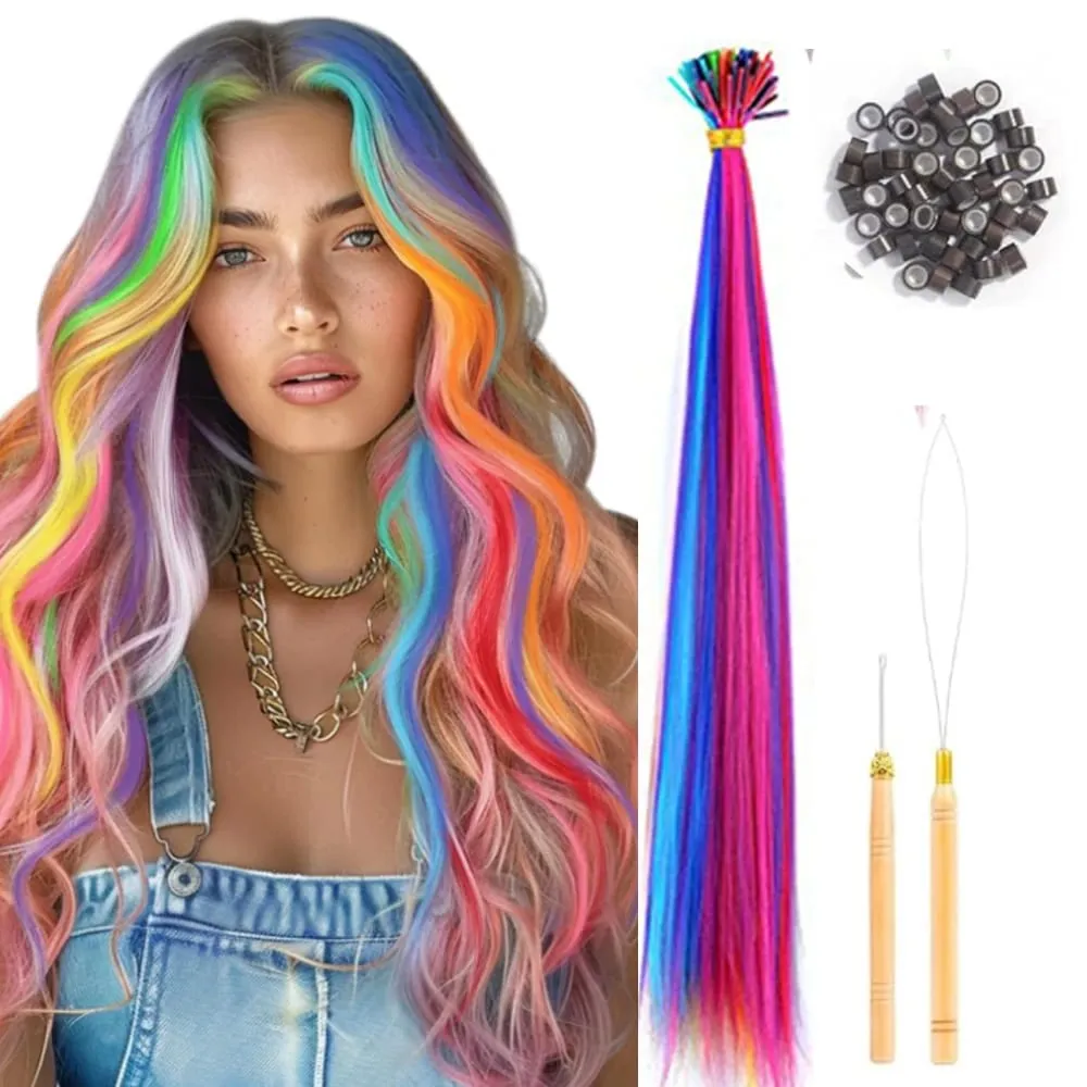 50 Pcs Hair Feathers with Hair Extension Tools Long Straight Synthetic Hair Feather Extensions Kit with Beads for Women Girls — image 10