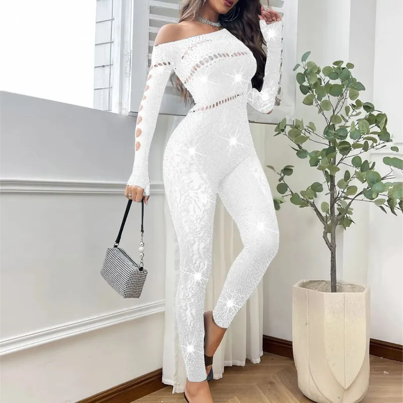 2025 Lace Embroidery Bra Set Women Sexy Mesh Rhinestone Jumpsuit Long Sleeve See Through Sexy Bustier Lingerie for Women — image 12
