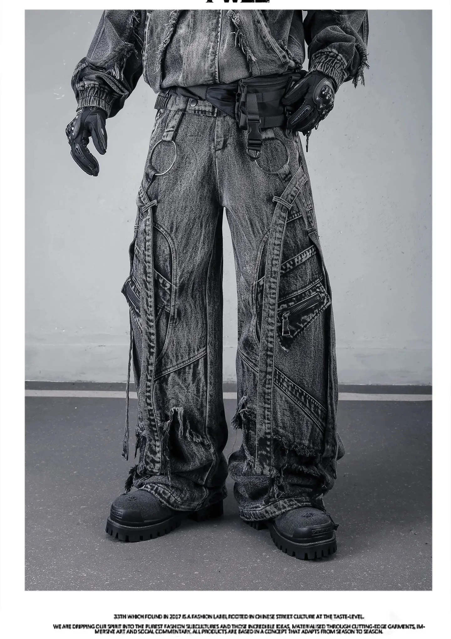 Deconstructed Straps Washed Vintage Cargo Jeans Man Woman Techwear Wasteland Style Wide Leg Tactical Baggy Pants Street Wear — image 8