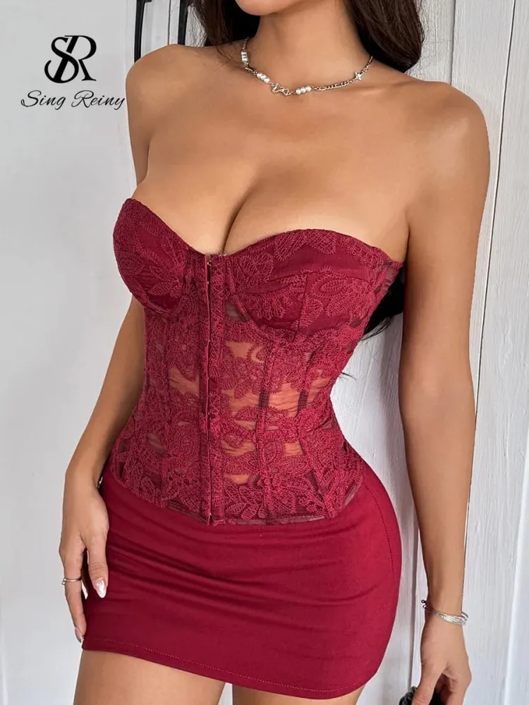 Floral Embroidery Sexy Club Top Female Strapless Slim Corset Backless Tank Top French Lace Up Basics Sheer Camisole — image 12
