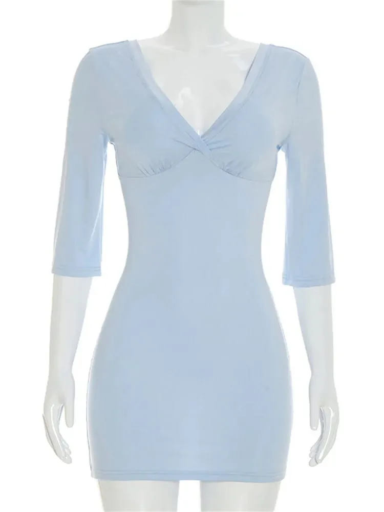 Tossy Summer V-Neck Slim Mini Dress Women's Long Sleeve Solid High Waist Commute Party Dress Female Casual Patchwork Dress 2026 — image 5