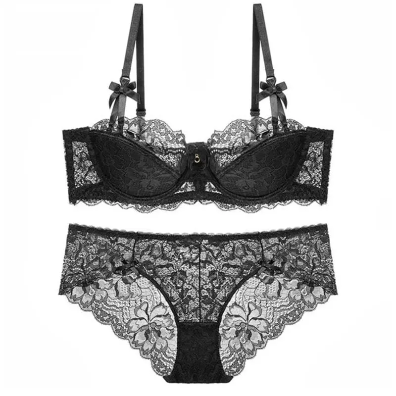 Adjustable Strap Underwire Lingerie Set for Women 2Pcs Floral Lace Bra and Panty