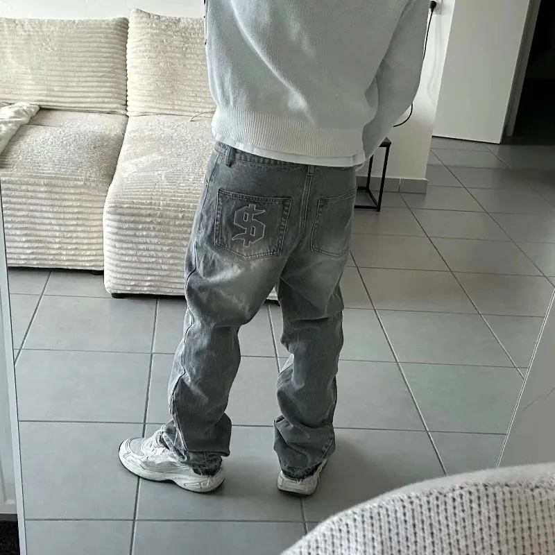 Y2K Retro Jeans Light Color Dollar Pattern Embroidery Splice Denim Pants Gothic Hip Hop Streetwear Men Women Fashion Baggy Pants — image 3