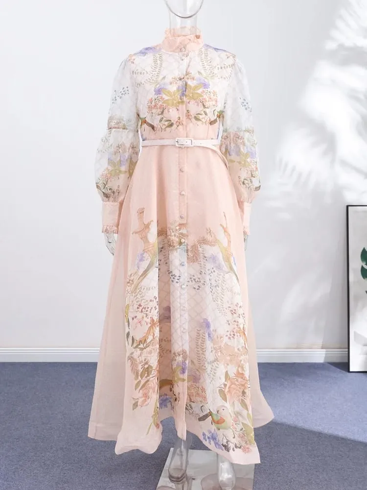 Pakaian Wanita Bercetak Renda Elegan Separuh Tinggi Kolar Tinggi Lengan Longgar Tali Pinggang Single Breasted Skirt Wanita Musim Panas 2026 Jubah Terbungkus Wanita — image 6