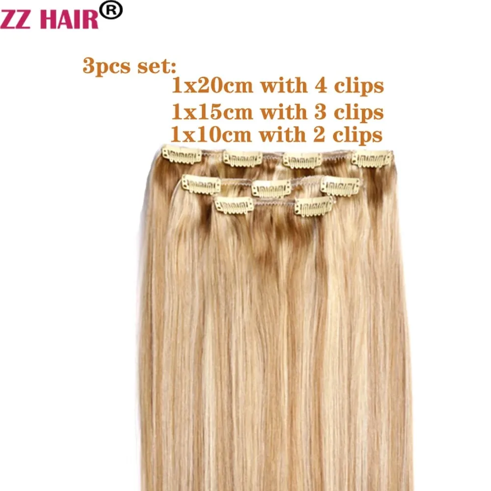 Clips In 100% Human Remy Hair Extensions 16"-28" 3 Pcs Set 100g-200g Three Pieces 1x20cm 1x15 cm 1x10cm Natural Straight ZZHAIR