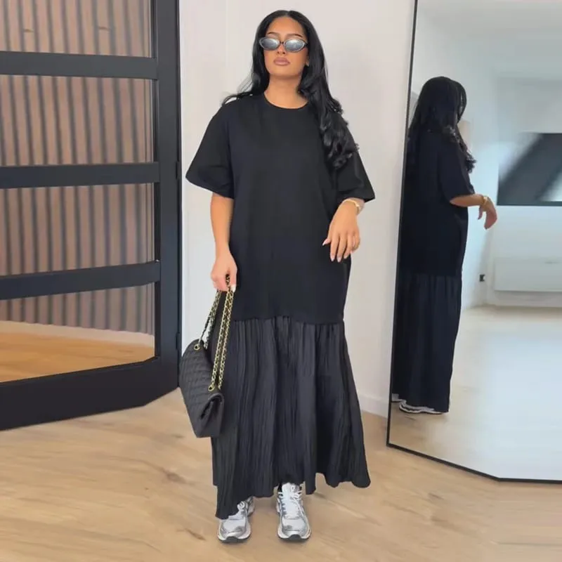 Fashion Patchwork Women Short Sleeve Dresses Casual O Neck Loose Female Solid Midi Dress 2026 Spring New Lady Long Robe Street — image 8