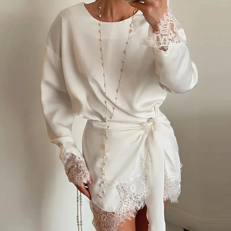 Satin Lace Patchwork Dress Women Long Sleeve O-neck Casual 2026 Spring Female Dresses Casual Solid Beach Robe Not Contain Pearls