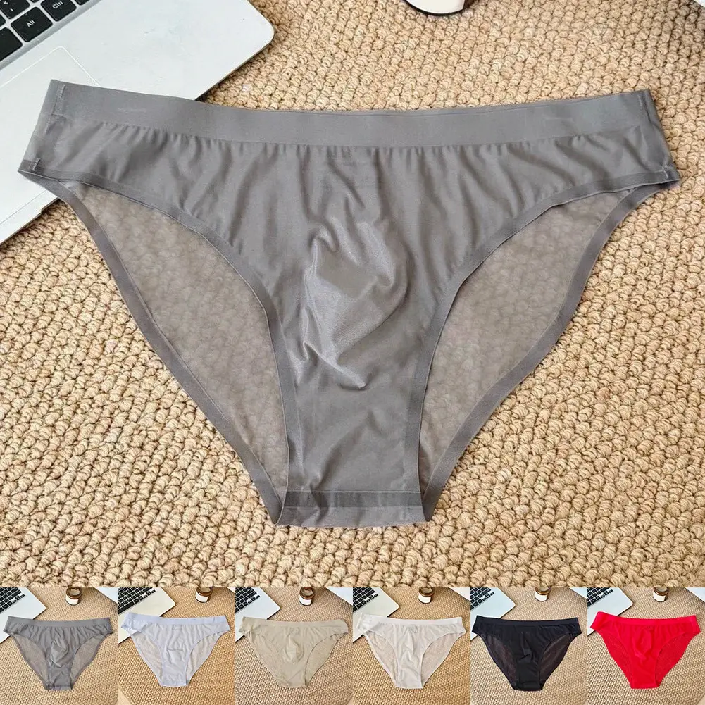 1 adet erkek Ultra-ince Şeffaf Dikişsiz Buz Ipek Külot 3D Bulge Kese Orta Bel Iç Çamaşırı Nefes Erkek Iç Çamaşırı — image 4