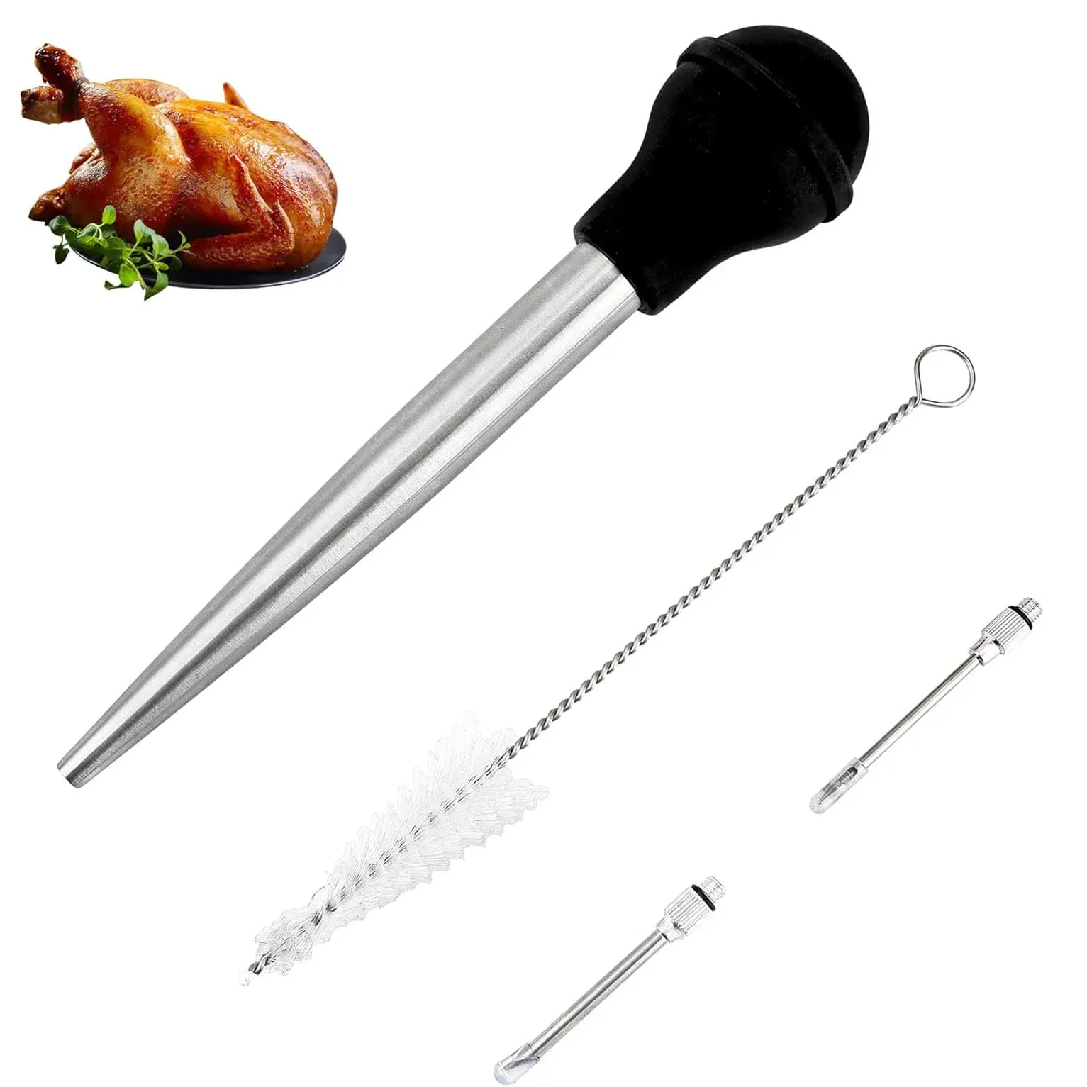 Stainless Steel Turkey Baster for Cooking - Food Grade Meat Injector Syringe & Silicone Suction Bulb With 2 Detachable Needles