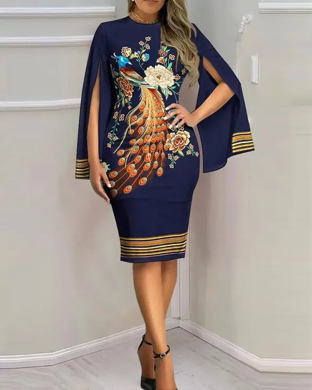 Women's Sunflower Print Midi Dress - Sexy V-Neck Bodycon Dress with Cape Sleeves for Summer Party — image 3