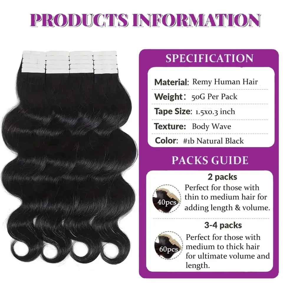 Body Wave Tape In Hair Extensions Extensions 100% Real Vietnamese Human Hair Natural Black Invisible Tape on For Woman 16-26inch — image 2