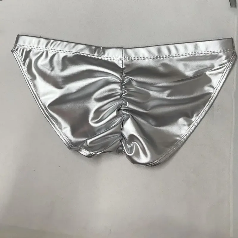 Oil Glossy Swimming Briefs PU Lather Elastic Low-rise Buttocks-Lifting Slip Bikini Shirring Crotch Seam Underwear Bathing Shorts — image 2