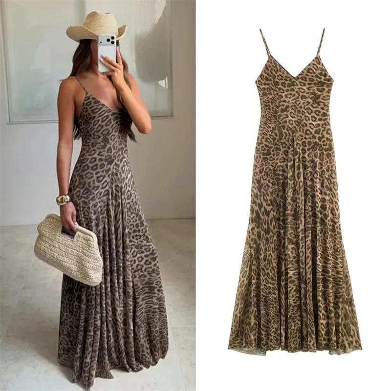 2026 Summer New Women's Dress Leopard Print Spaghetti Strap A-Line Midi Dress Sexy Fashion Wild Individual Style — image 1