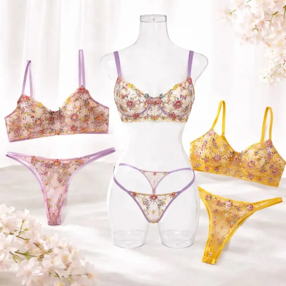 2-Piece Bohemia Floral Lingerie Set Sheer Embroidery Underwear Intimates Underwire Push-up Versatile Bra Panty Set For Lady Girl — image 2