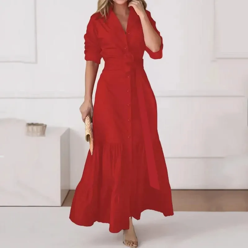 Spring Summer New Women's Long Solid Color Shirt Dresses Versatile Elegant V Neck Lace Up Cinched Waist Single Breasted Dress — image 2